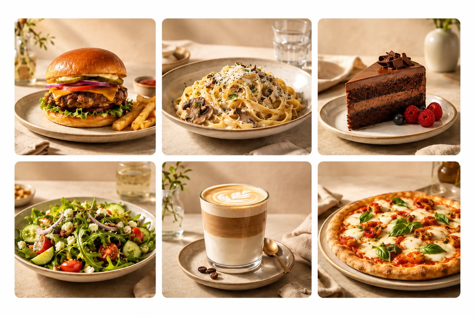 A consistent collection of polished restaurant photos featuring six dishes and drinks