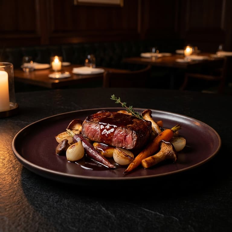 Glazed steak in a moody dark restaurant setting