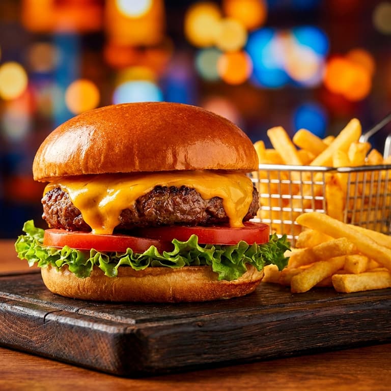 Vibrant cheeseburger and fries