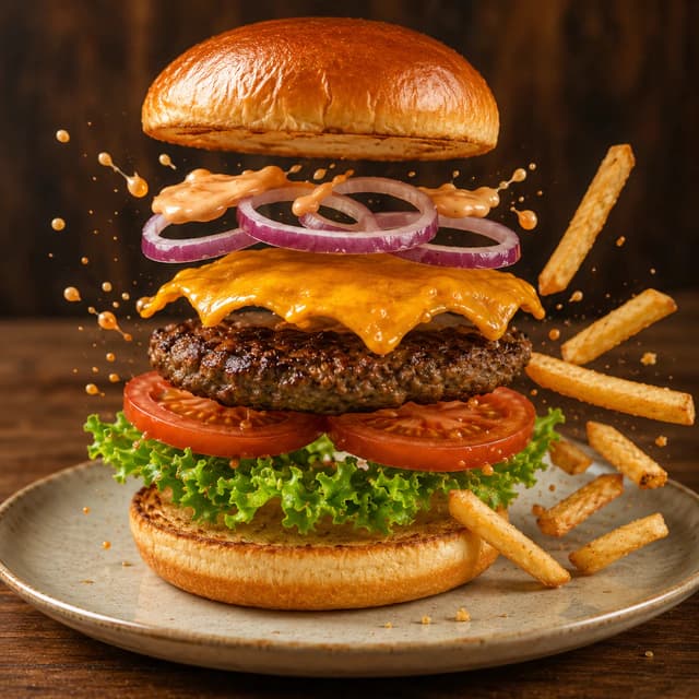 Enhanced cheeseburger and fries with an ingredient explosion