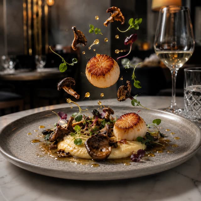 Enhanced seared scallop dish with floating mushrooms and herbs