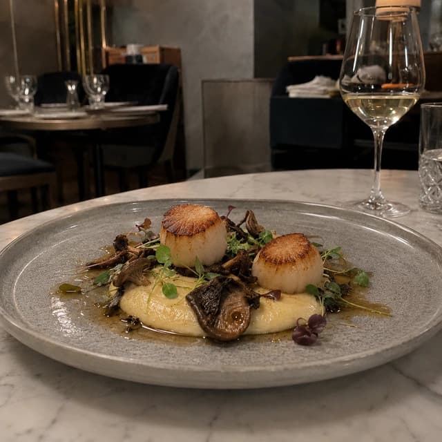 Original fine dining photo of seared scallops and mushrooms