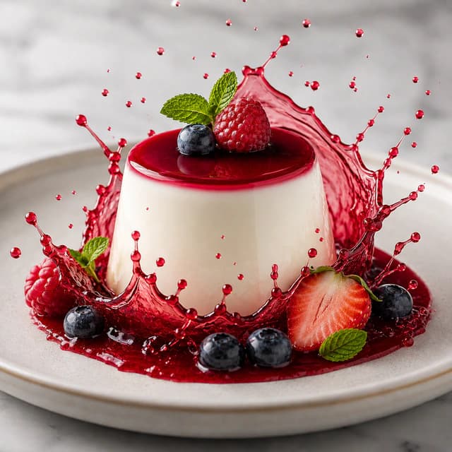 Enhanced panna cotta surrounded by a berry sauce splash