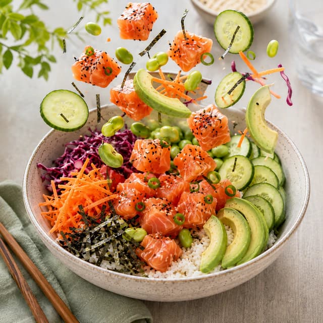 Enhanced salmon poke bowl with ingredients suspended in the air