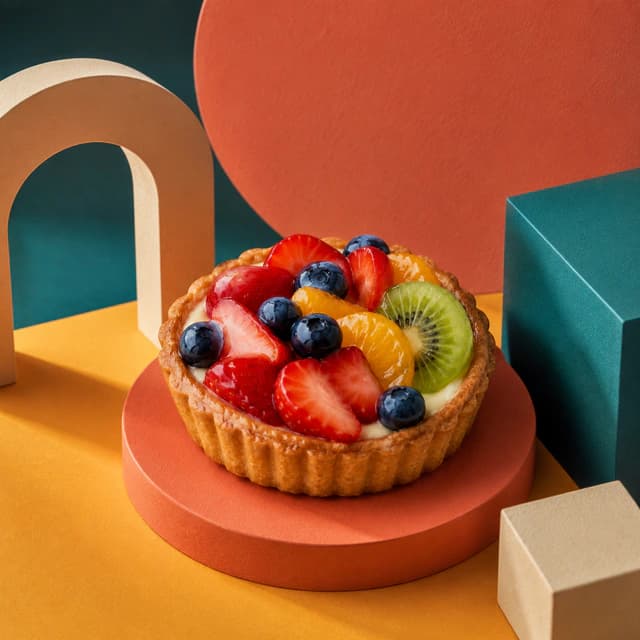 Enhanced fresh fruit tart in a geometric modern studio
