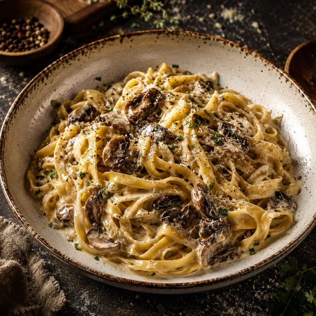 Enhanced creamy mushroom pasta in a rustic studio setting