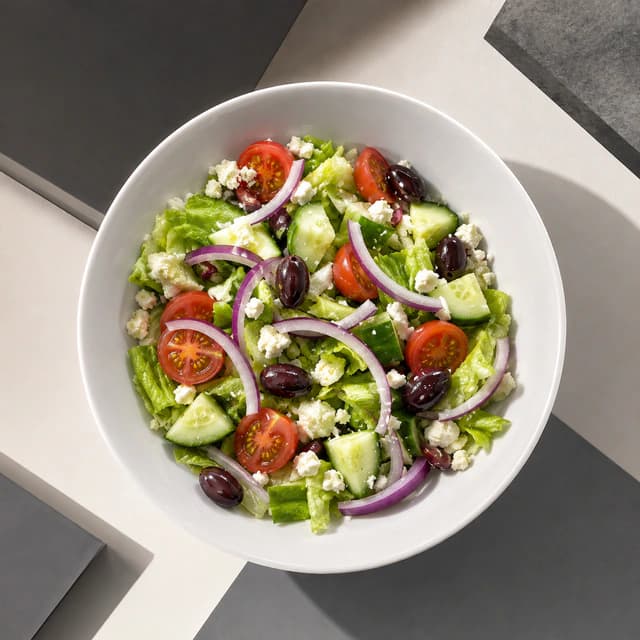 Enhanced Greek salad in a geometric modern studio