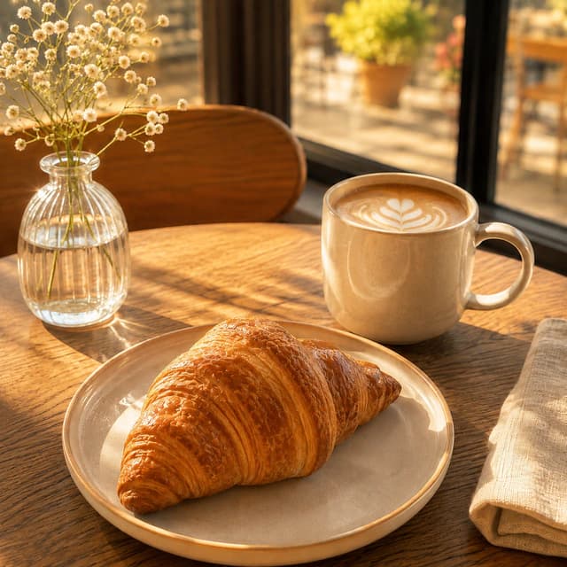 Enhanced warm café photo of a croissant and latte art