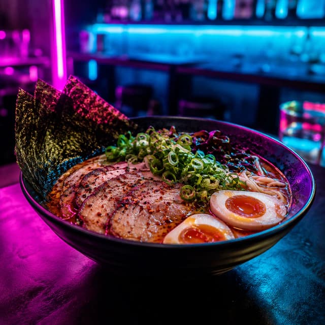 Enhanced ramen bowl with vivid neon restaurant lighting