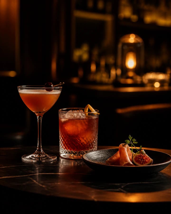Two craft cocktails and an elegant small plate in a warm lounge setting