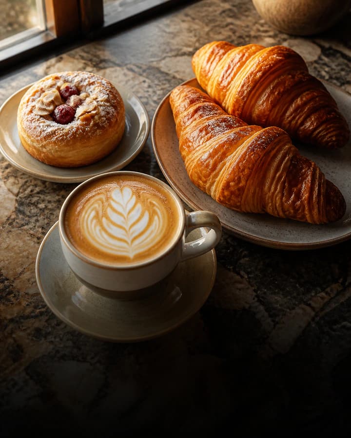 Cappuccino and flaky croissants arranged on a warm café table