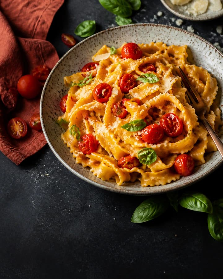Vibrant pasta with cherry tomatoes, parmesan, and basil styled for social content