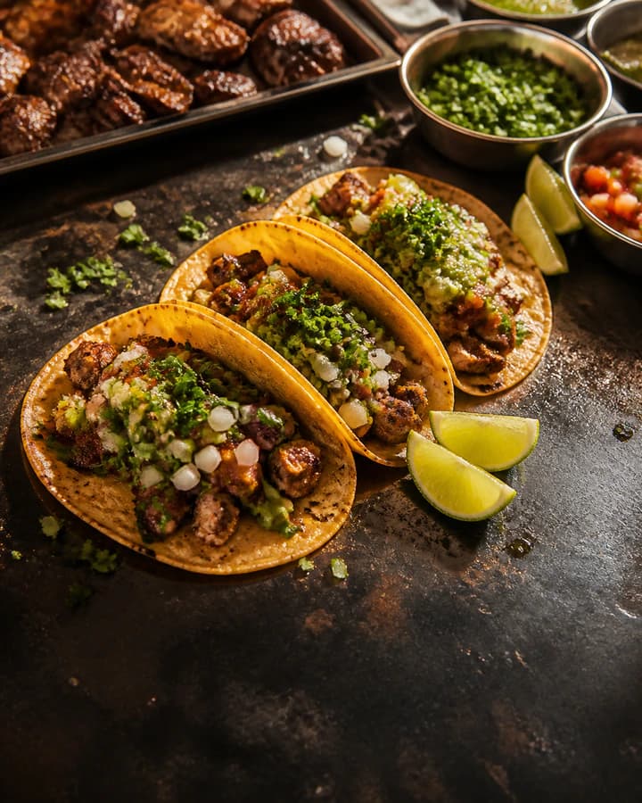 Three vibrant grilled-meat tacos with salsa, lime, and cilantro