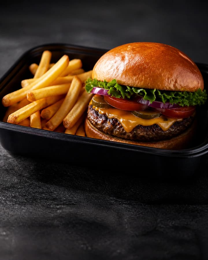 Gourmet cheeseburger and fries photographed for a delivery listing