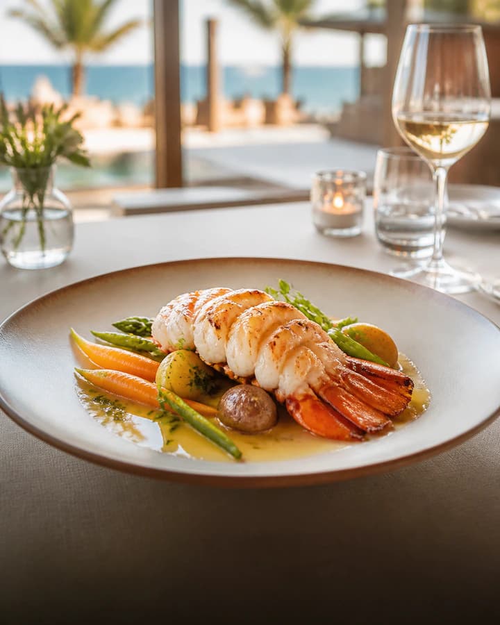 Fine-dining seafood plate presented in a bright coastal resort restaurant