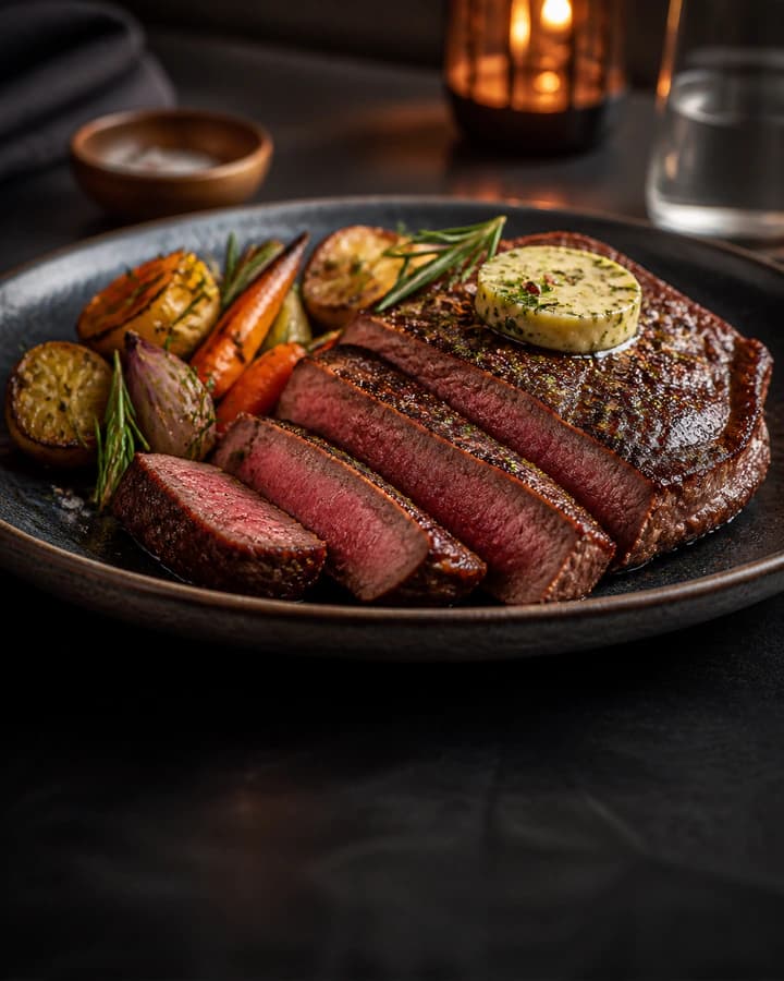 Restaurant steak with herb butter and roasted vegetables in warm dining-room light