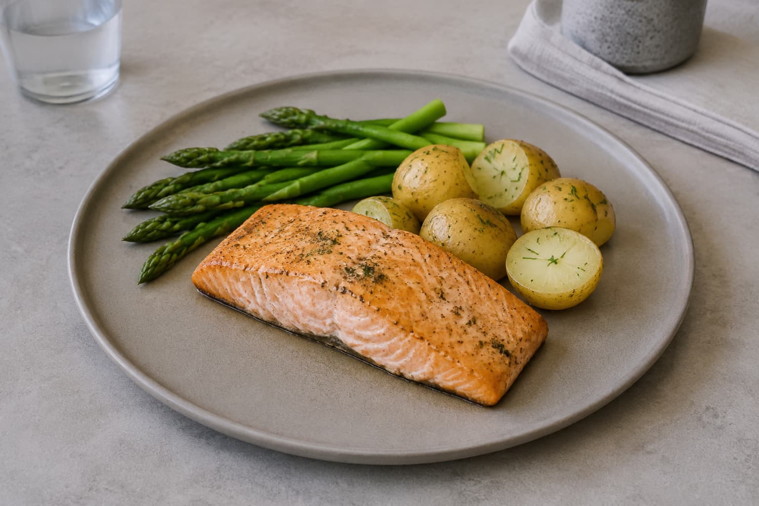 Salmon dinner photographed in flat cool lighting