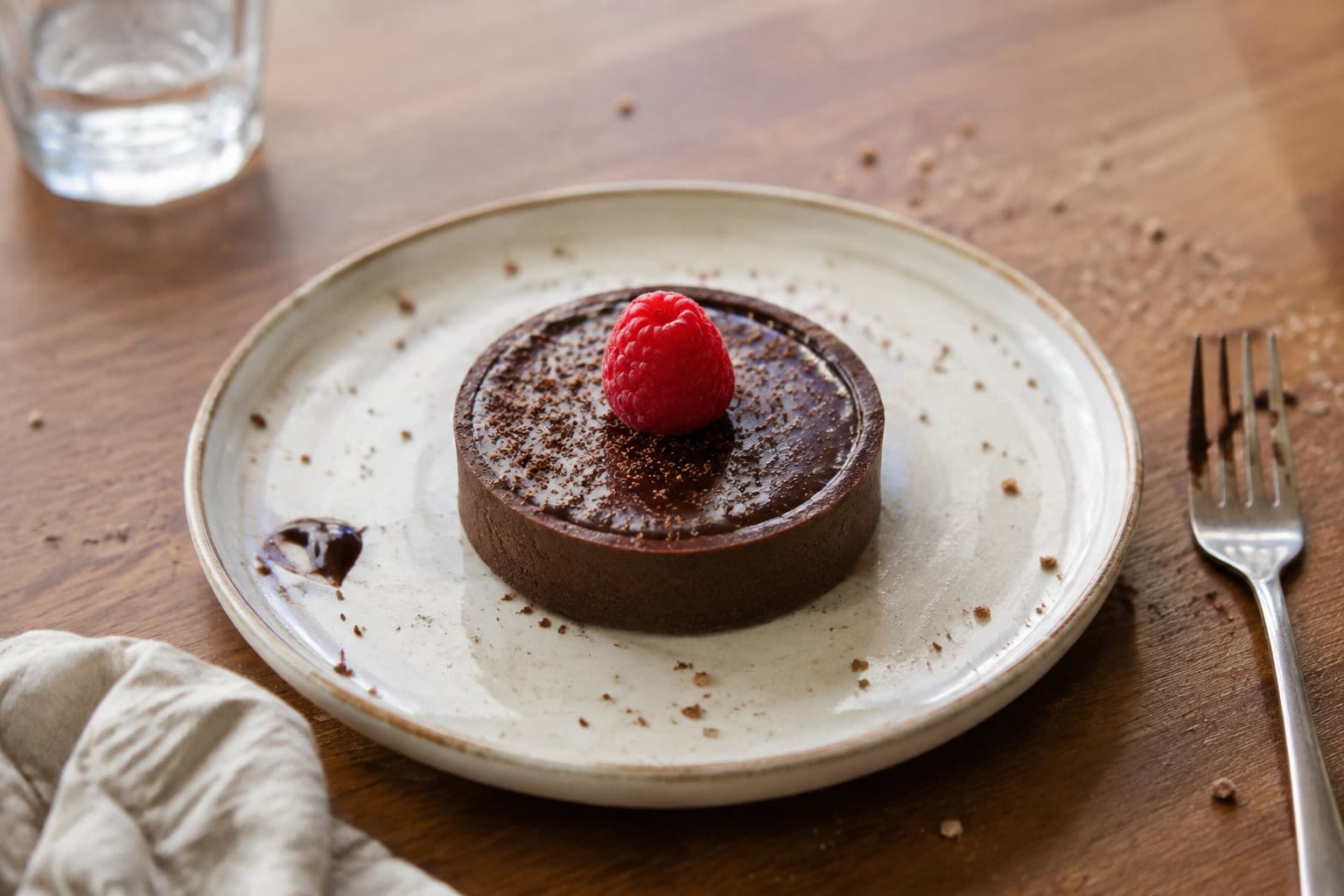 Chocolate tart surrounded by crumbs, a smear, and distracting table items