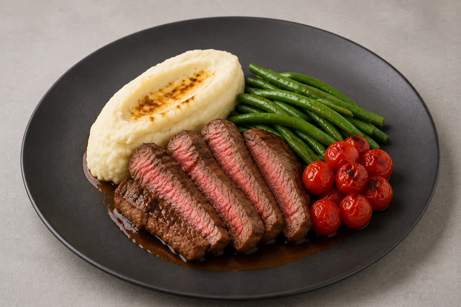 The same steak and sides elegantly rearranged on a matte black plate