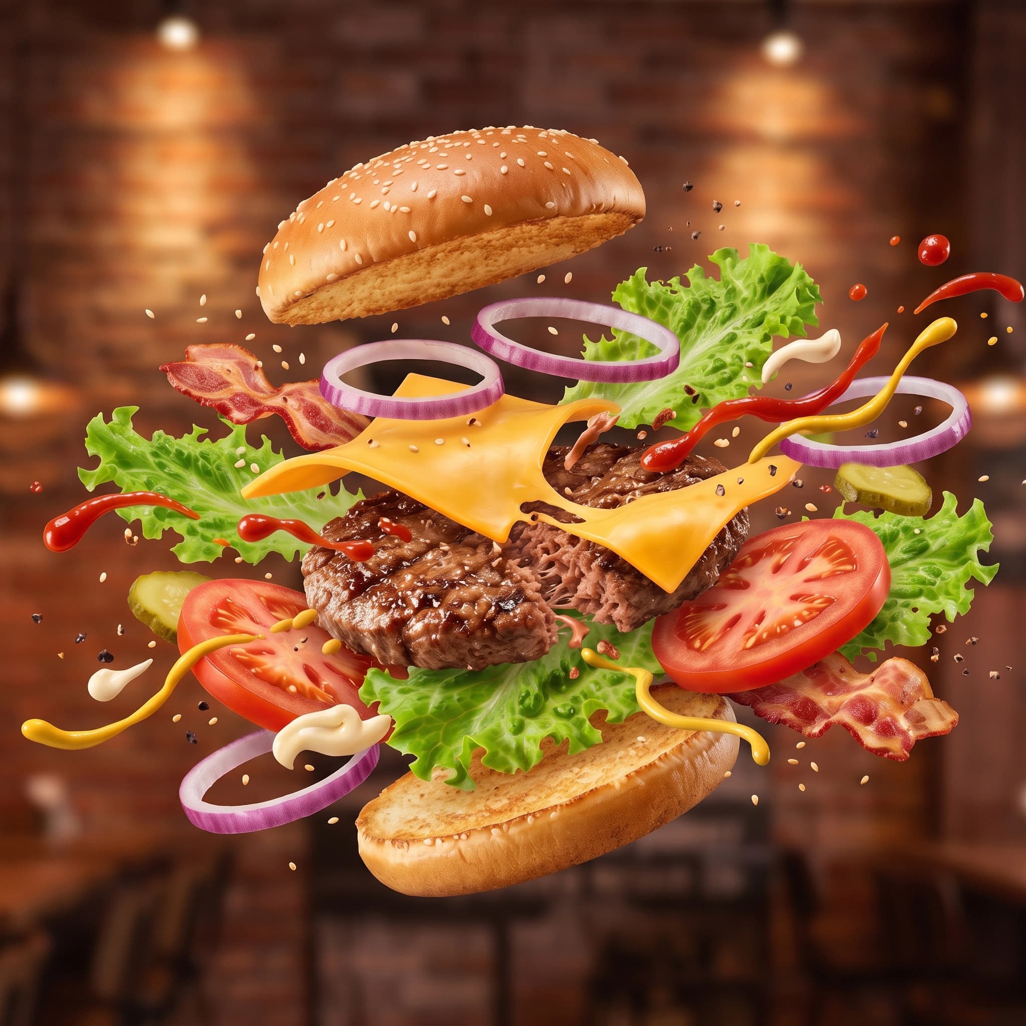 Exploded cheeseburger ingredients suspended in the air