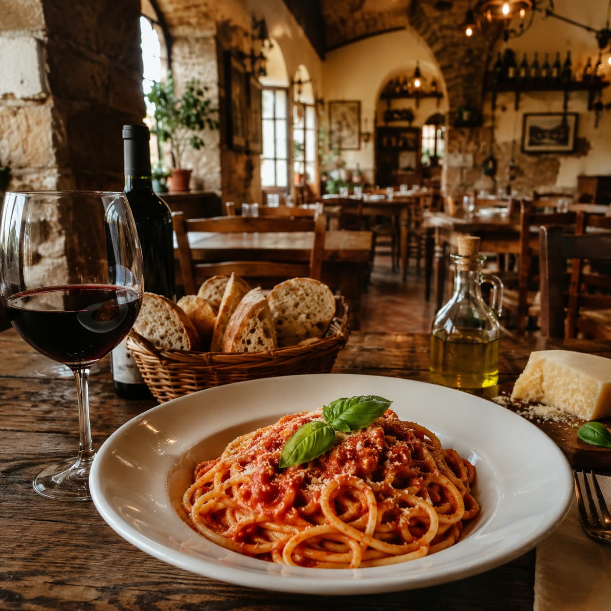 Pasta and red wine served in a rustic Italian restaurant