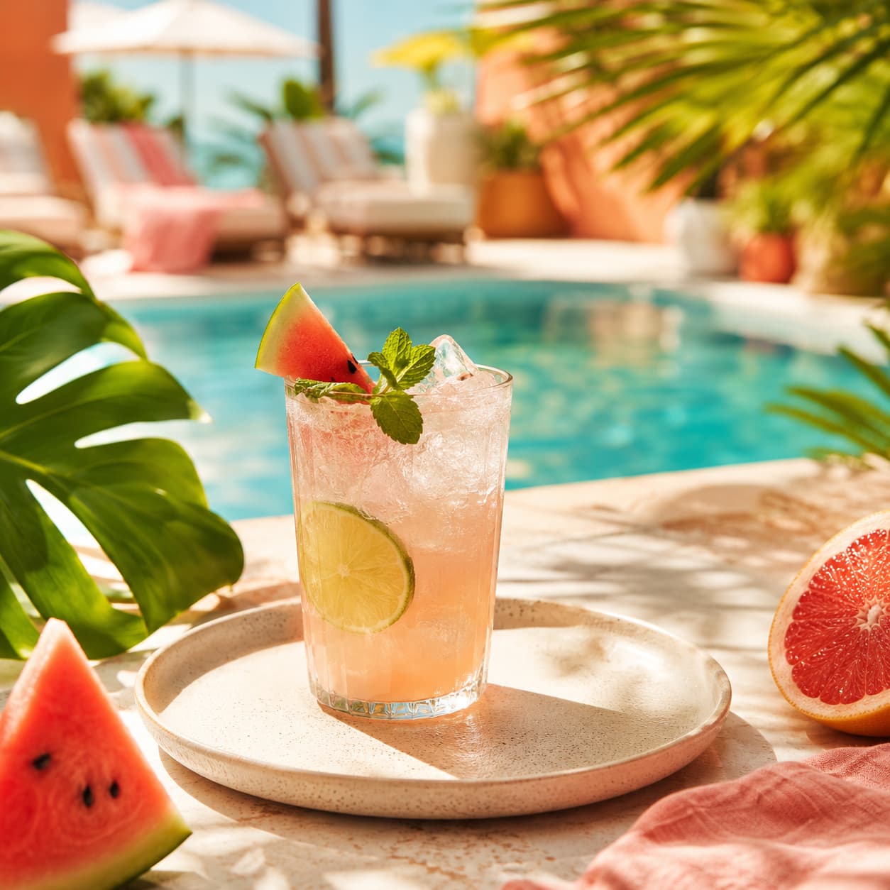 Refreshing fruit drink served beside a sunny swimming pool