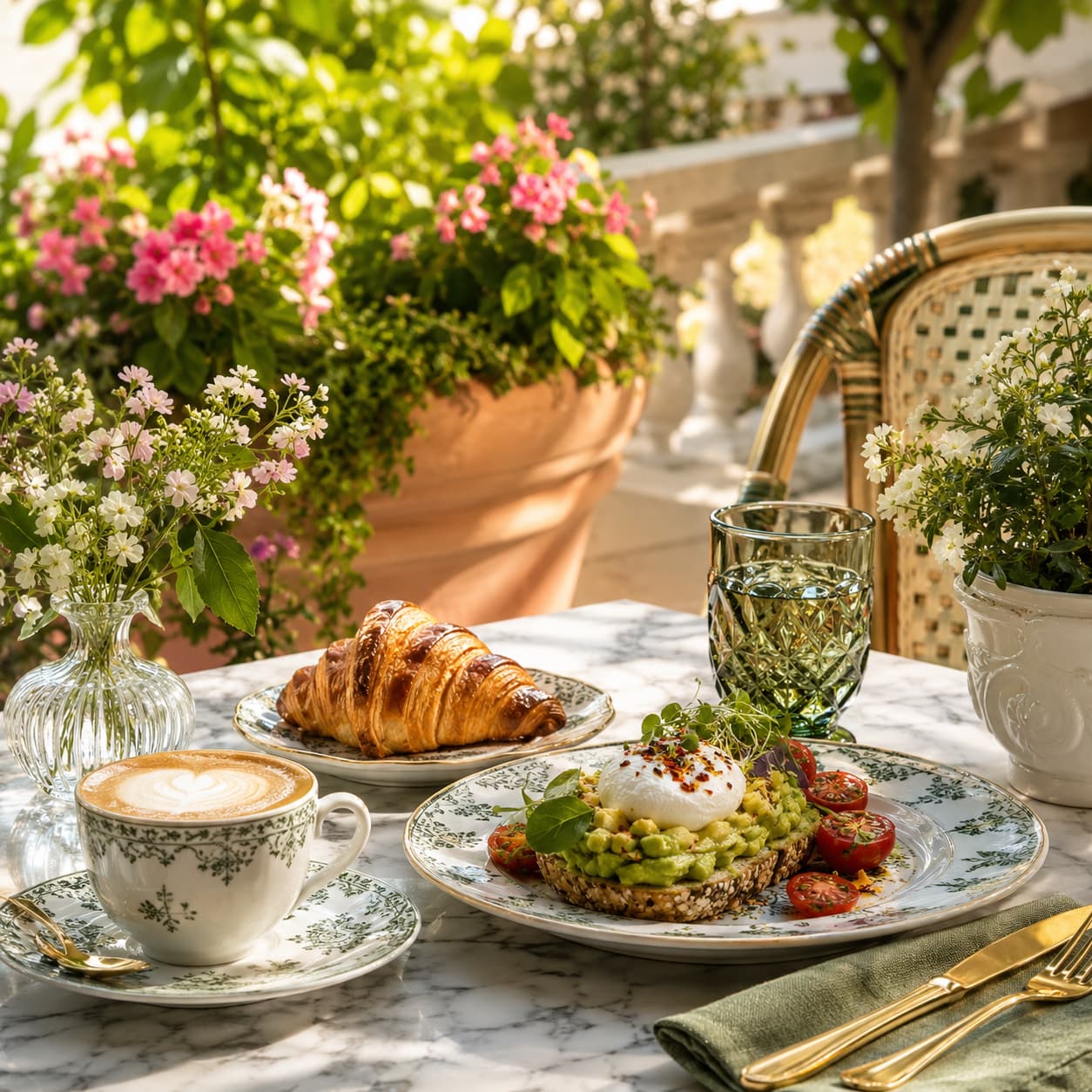 Breakfast served on a flower-filled garden terrace