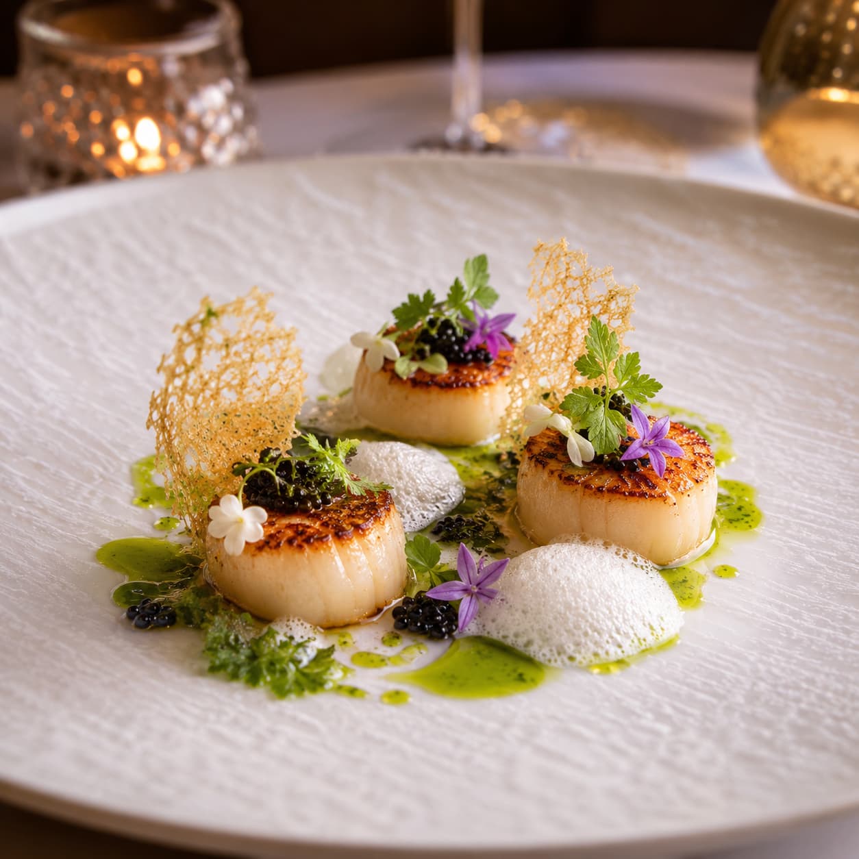 Michelin-star style scallop dish with caviar and delicate garnishes