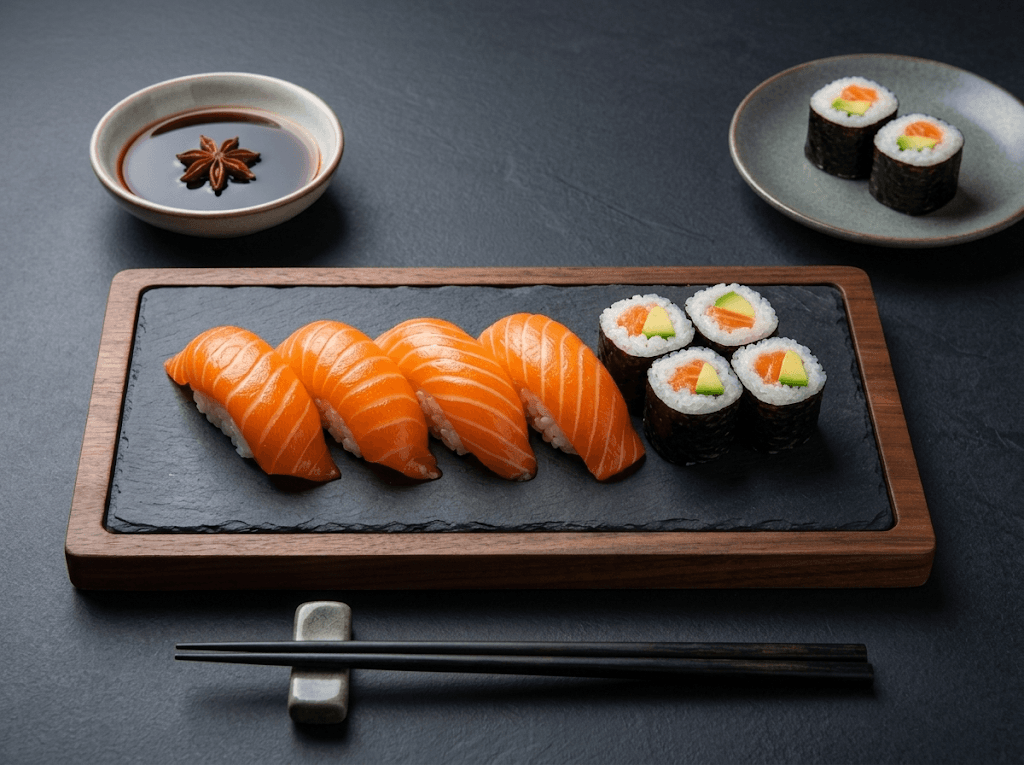 The same sushi plate enhanced with clean studio lighting and a premium menu-ready background